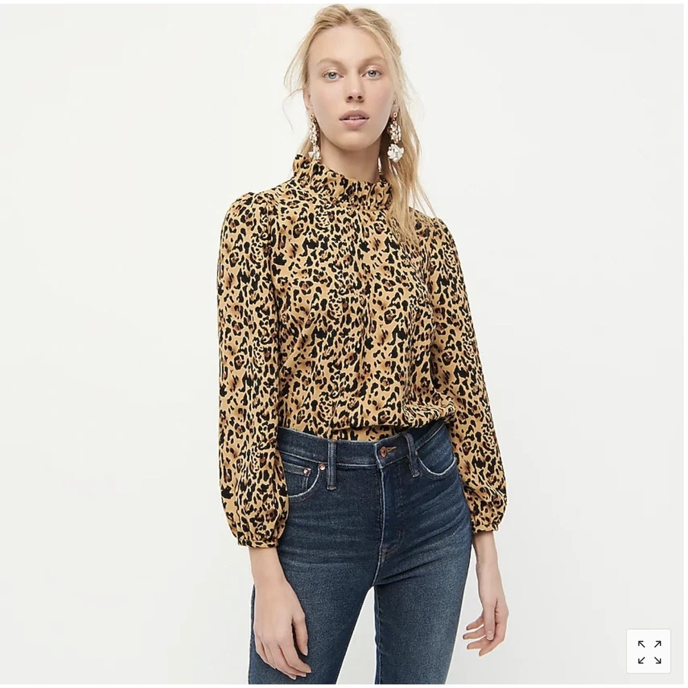 J.Crew Top Leopard Animal Print XS Long-Sleeve Ruffle-Neck Crepe Chic
